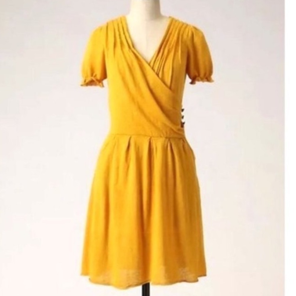 Anthropologie Moth Mustard Asymmetrical Boho  Wrap Puff Sleeve Mini Dress XS